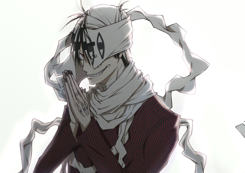 1boy, asura_(soul_eater), black_hair, cloth, evil_smile, extra_eyes, eye_print, hand_tattoo