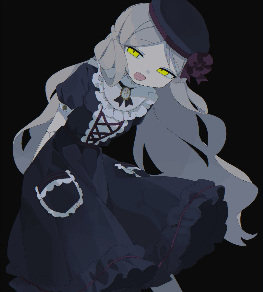 01sh110sush1, 1girl, :d, arms_behind_back, black_background, black_dress, black_hat, cowboy_shot