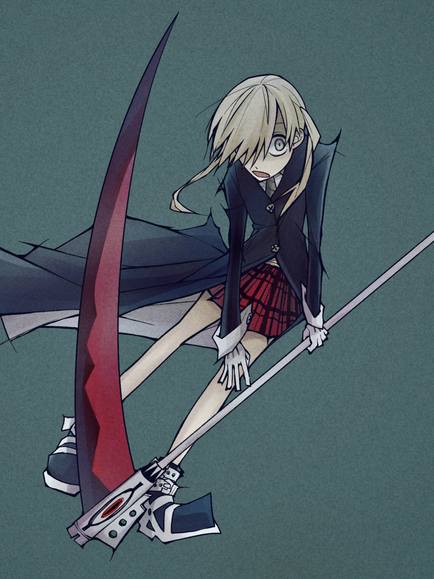 1girl, blonde_hair, blue_background, cardigan, collared_shirt, gloves, green_eyes, green_necktie