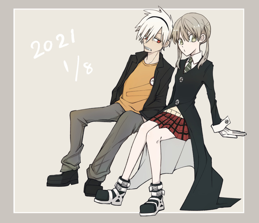1boy, 1girl, black_jacket, blonde_hair, cardigan, collared_shirt, dated, gloves