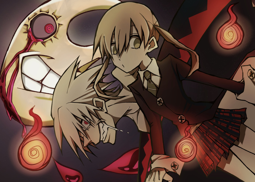 1boy, 1girl, blonde_hair, blood, blood_from_eyes, cardigan, collared_shirt, crescent_moon, empty_eyes, gloves, green_eyes, highres, hitodama, living_weapon, maka_albarn, moon, moon_with_face, plaid, plaid_skirt, red_eyes, ringed_eyes, saliva, scythe, shirt, skirt, soul_eater, soul_evans, transformation, twintails, user_yddr3472, white_gloves, white_hair