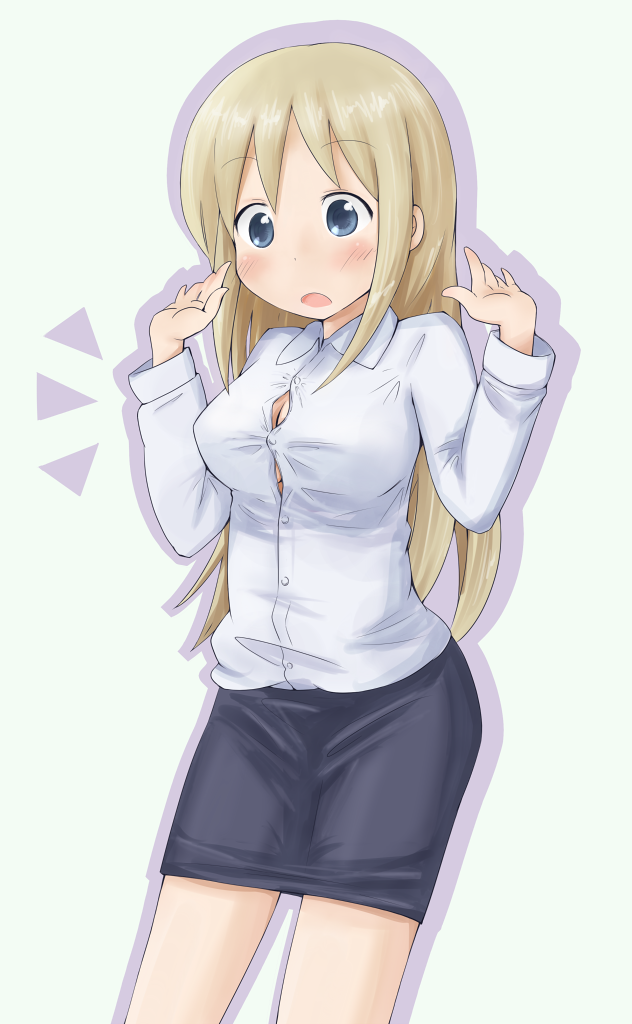 adult, ana_coppola, blonde_hair, blue_eyes, blush, breasts, cleavage, ichigo_mashimaro, koa, long_hair, miniskirt, skirt, slightly_open_shirt, solo