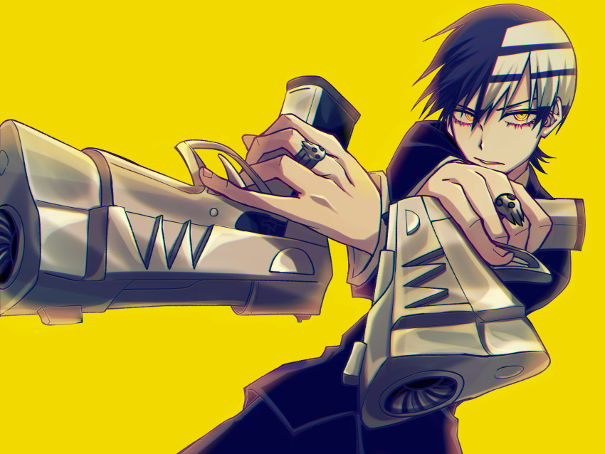 1boy, absurdres, aiming, aiming_at_viewer, black_hair, black_suit, death_the_kid, dual_wielding, gun, handgun, highres, holding, holding_gun, holding_weapon, jewelry, multicolored_hair, ring, ringed_eyes, skull_ring, solo, soul_eater, striped_hair, suit, user_yddr3472, weapon, yellow_background, yellow_eyes