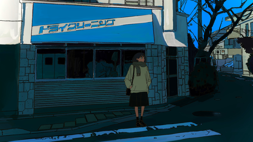 1girl, absurdres, awning, bag, black_eyes, black_footwear, black_hair, black_skirt, blue_sky, building, closed_mouth, commentary_request, crosswalk, day, green_scarf, green_sweater, hands_in_pockets, highres, komugiko_2000, long_sleeves, looking_to_the_side, morning, original, outdoors, scarf, scenery, shade, shoulder_bag, skirt, sky, solo, standing, storefront, sweater, town, tree, wide_shot, winter