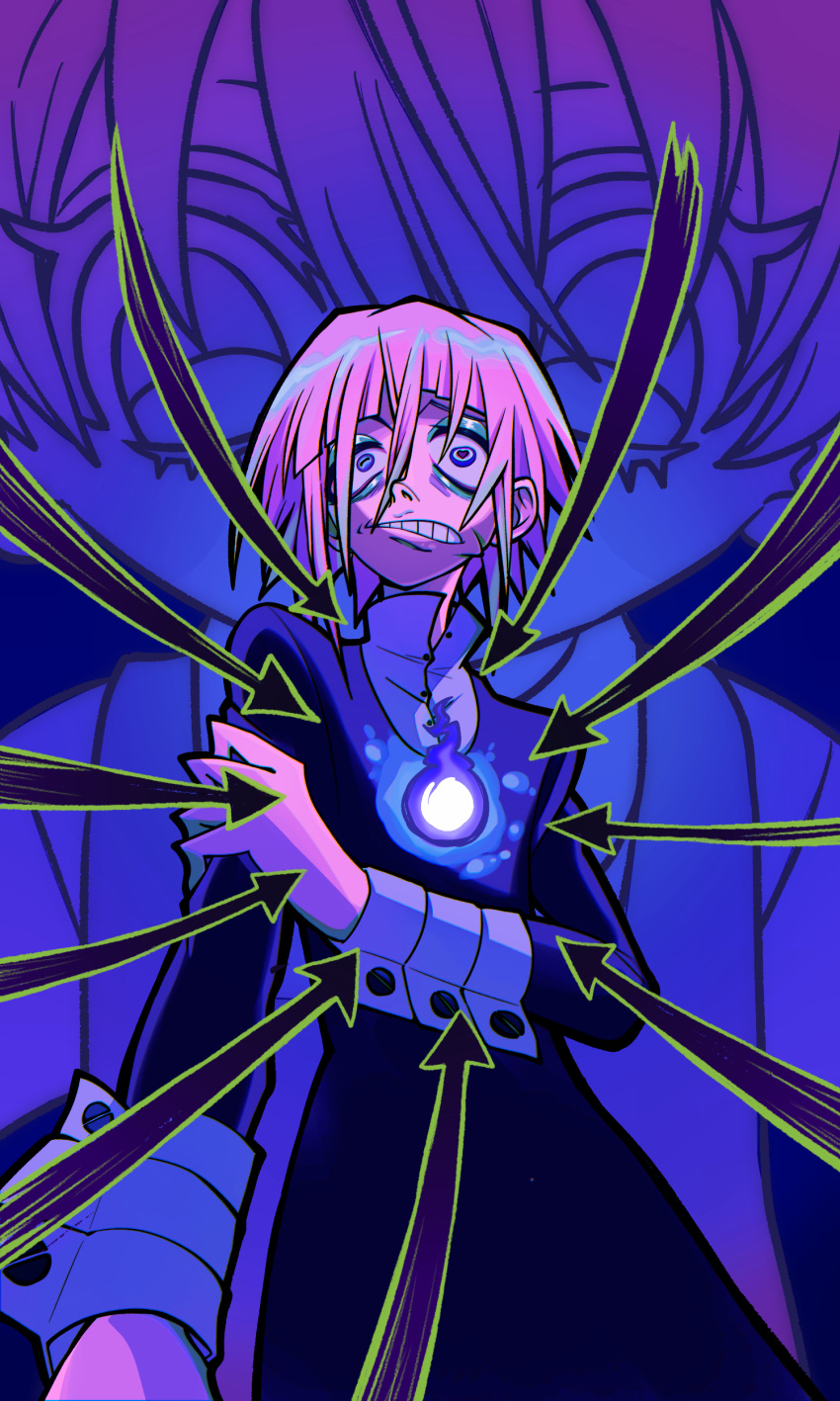 1other, absurdres, arrow_(projectile), arrow_(symbol), attack, black_dress, child_abuse, crona_(soul_eater)