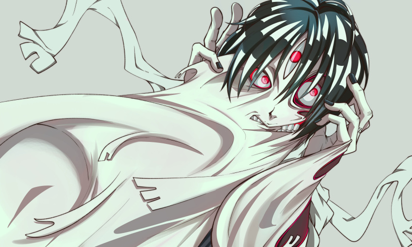 1boy, asura_(soul_eater), black_hair, body_horror, deformed, extra_eyes, eye_focus, finger_tattoo
