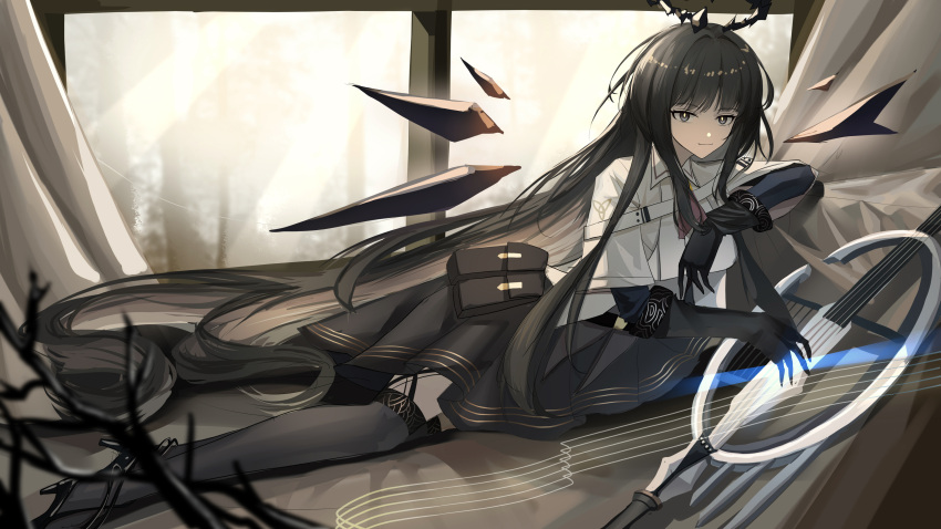 1girl, absurdres, arknights, ascot, birchboat, black_ascot, black_bustier, black_garter_straps, black_halo, black_pouch, bow_(music), broken_halo, cello, collared_jacket, dark_halo, detached_wings, energy_wings, full_body, garter_straps, halo, highres, hime_cut, holding, holding_bow_(music), holding_instrument, holding_violin, instrument, jacket, layered_sleeves, long_sleeves, short-sleeved_jacket, short_over_long_sleeves, short_sleeves, solo, strap, violin, virtuosa_(arknights), window, wings