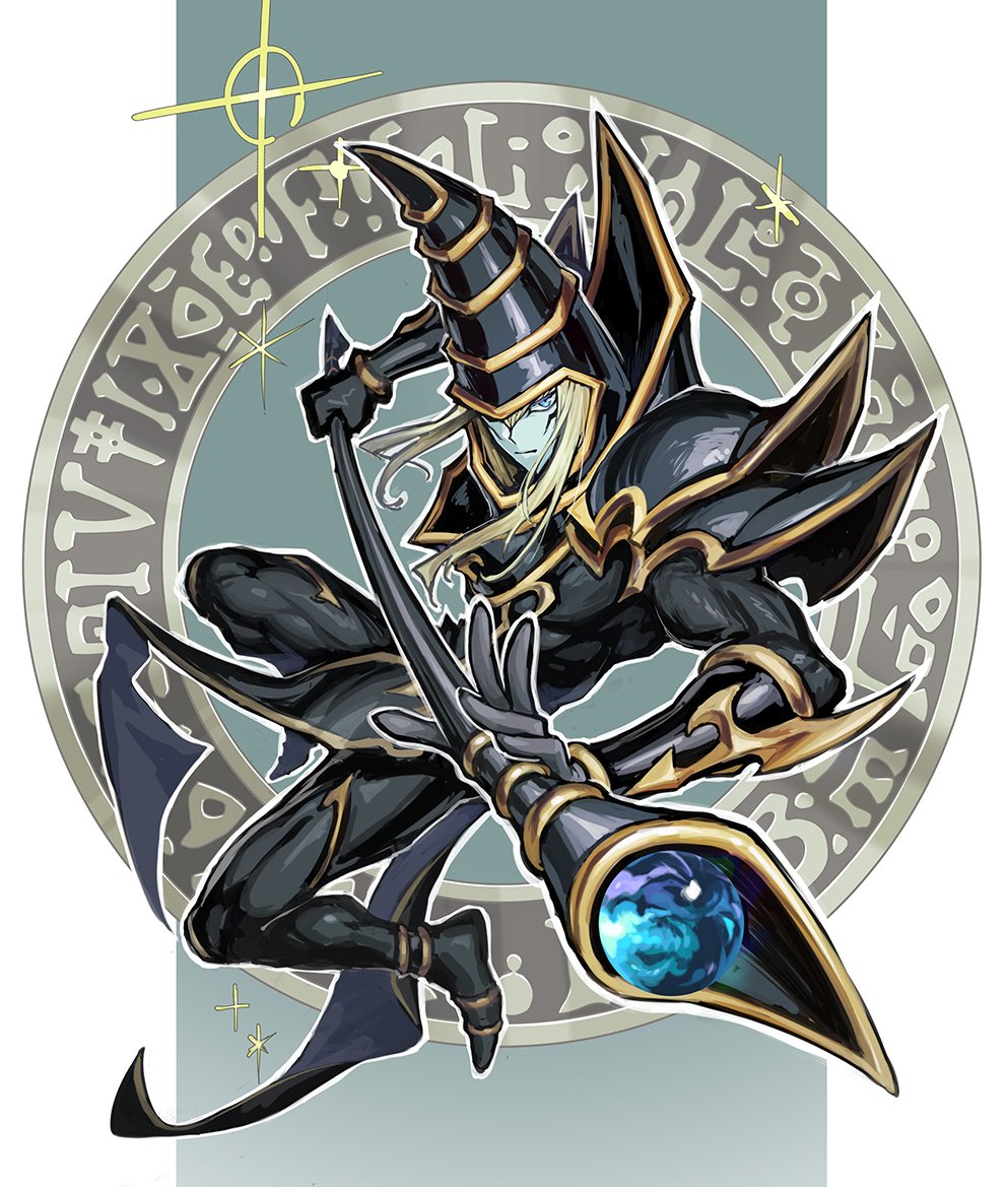 1boy, armor, black_armor, black_hat, blue_skin, colored_skin, dark_magician, dark_magician_the_ebon_sorcerer, duel_monster, full_body, gold_trim, hat, holding, holding_staff, long_hair, looking_at_viewer, magic_circle, ringo_ringogoo, shoulder_pads, solo, sparkle, staff, white_hair, yu-gi-oh!