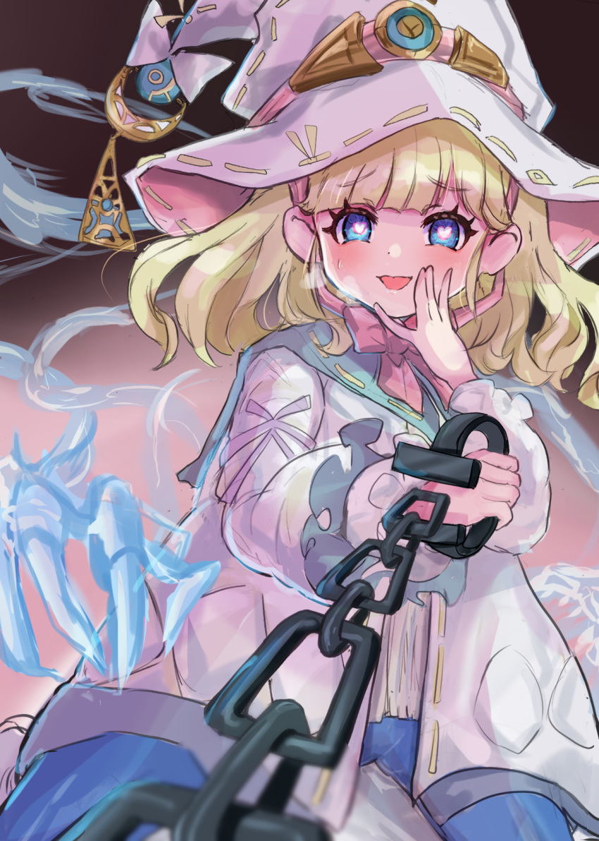 1girl, aura, blonde_hair, blue_eyes, blue_pantyhose, blurry, blurry_foreground, blush
