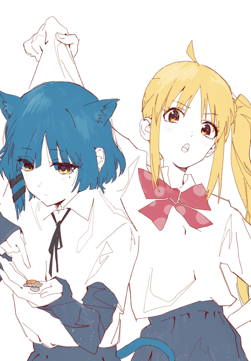 2girls, ahoge, animal_ears, black_ribbon, black_skirt, black_sleeves, blonde_hair, bloom_into_me15, bocchi_the_rock!, bow, bowtie, cat_ears, cat_girl, cat_tail, coin, collared_shirt, counting_money, cowboy_shot, highres, holding, holding_coin, ijichi_nijika, kemonomimi_mode, layered_sleeves, lifting_person, light_blush, long_hair, long_sleeves, looking_at_another, mole, mole_under_eye, multiple_girls, neck_ribbon, open_mouth, orange_eyes, polka_dot_bowtie, red_bow, red_bowtie, ribbon, shirt, shirt_grab, shirt_tucked_in, short_hair, short_over_long_sleeves, short_sleeves, side_ponytail, simple_background, skirt, standing, tail, white_background, white_shirt, yamada_ryo, yellow_eyes