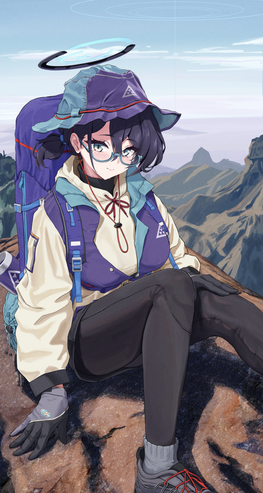 1girl, absurdres, backpack, bag, black_gloves, black_hair, black_leggings, black_shorts