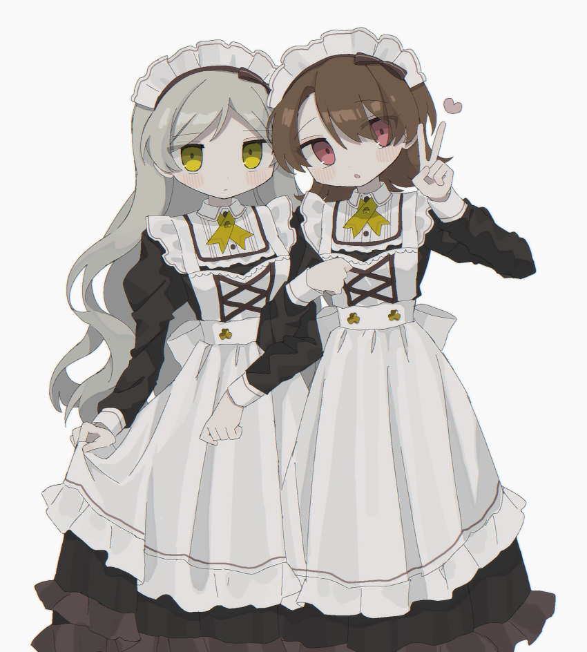 01sh110sush1, 2girls, alternate_costume, alternate_hairstyle, apron, asymmetrical_bangs, blush, breasts