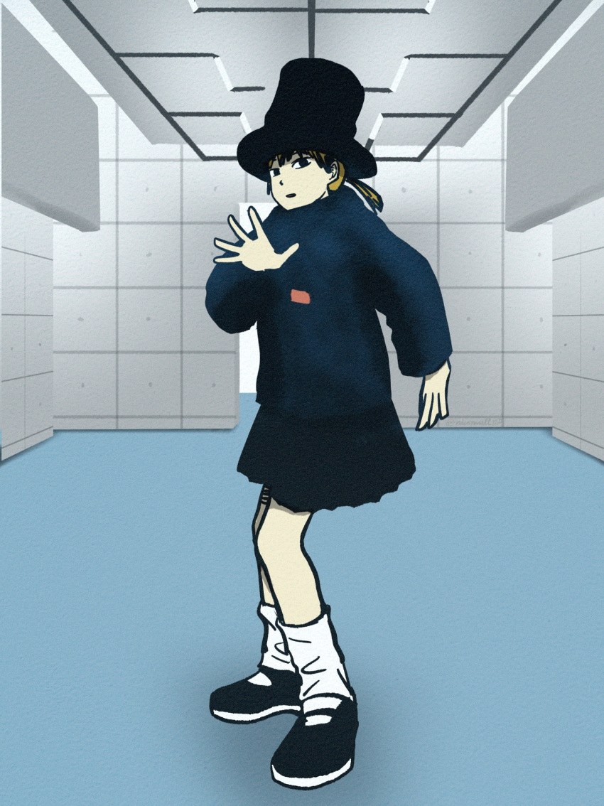 1girl, black_eyes, black_hat, black_skirt, blonde_hair, blue_sweater, cosplay, full_body