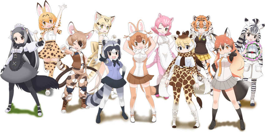 6+girls, animal_ears, apron, belt, black_eyes, black_hair, blonde_hair, boots