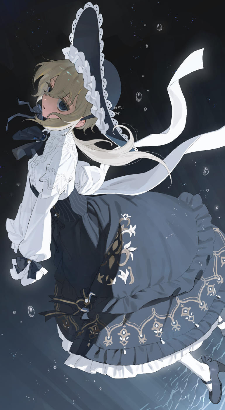 1girl, air_bubble, aristocratic_clothes, back_bow, black_bow, black_bowtie, black_eyes, black_footwear