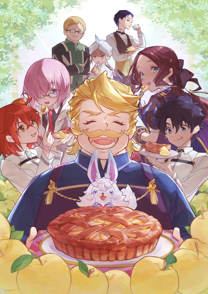 3girls, 5boys, absurdres, ahoge, amayu_yuzukabe, apple, black-framed_eyewear, black_bow