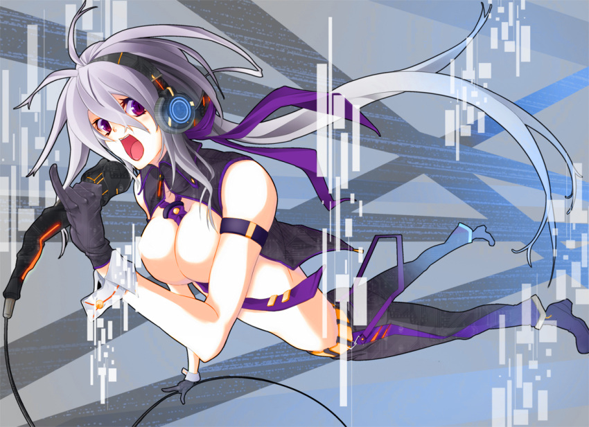 cleavage, gloves, headphones, long_hair, microphone, minoinomi, necktie, open_mouth