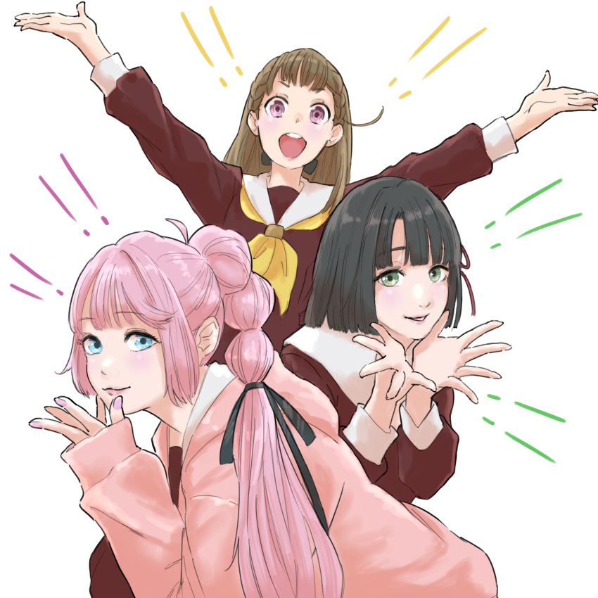 3girls, :d, anyoji_hime, black_hair, black_ribbon, blue_eyes, blunt_bangs, blunt_ends, braid, brown_dress, brown_hair, closed_mouth, commentary, dress, flower_knot, green_eyes, grin, hair_ornament, hair_ribbon, hasu_no_sora_school_uniform, highres, jacket, kachimachi_kosuzu, link!_like!_love_live!, lips, long_hair, long_sleeves, looking_at_viewer, love_live!, momose_ginko, multi-tied_hair, multiple_girls, neckerchief, nyuma, open_clothes, open_hands, open_jacket, open_mouth, outstretched_arms, pink_eyes, pink_hair, pink_jacket, ponytail, ribbon, sailor_collar, sailor_dress, school_uniform, short_hair, side_ahoge, side_braids, sidelocks, smile, spread_arms, straight_hair, swept_bangs, teeth, upper_teeth_only, virtual_youtuber, white_sailor_collar, winter_uniform, yellow_neckerchief