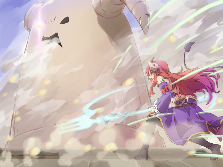 1girl, ahoge, bare_shoulders, black_footwear, blush, boots, bow, brown_eyes, brown_hair, commentary_request, crisis_management_form_(machimazo), day, demon_girl, demon_horns, demon_tail, detached_sleeves, fang, floating_clothes, floating_hair, fork, frilled_sleeves, frills, full_body, glowing, glowing_eye, glowing_weapon, highres, holding, holding_fork, horns, icorasama, lilith_(machikado_mazoku), long_hair, long_sleeves, looking_at_another, machikado_mazoku, open_mouth, outdoors, parody, profile, purple_skirt, red_bow, shingeki_no_kyojin, skin_fang, skirt, sleeve_bow, solo, standing, tail, tail_raised, thigh_boots, tiptoes, very_long_hair, weapon, wide_sleeves, wind, yoshida_yuuko_(machikado_mazoku), |_|