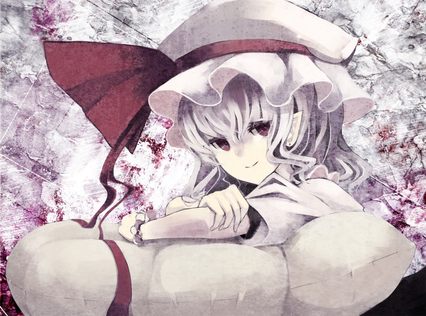 ebra_hem, hat, hat_ribbon, highres, lavender_hair, pale_skin, pillow, pointy_ears