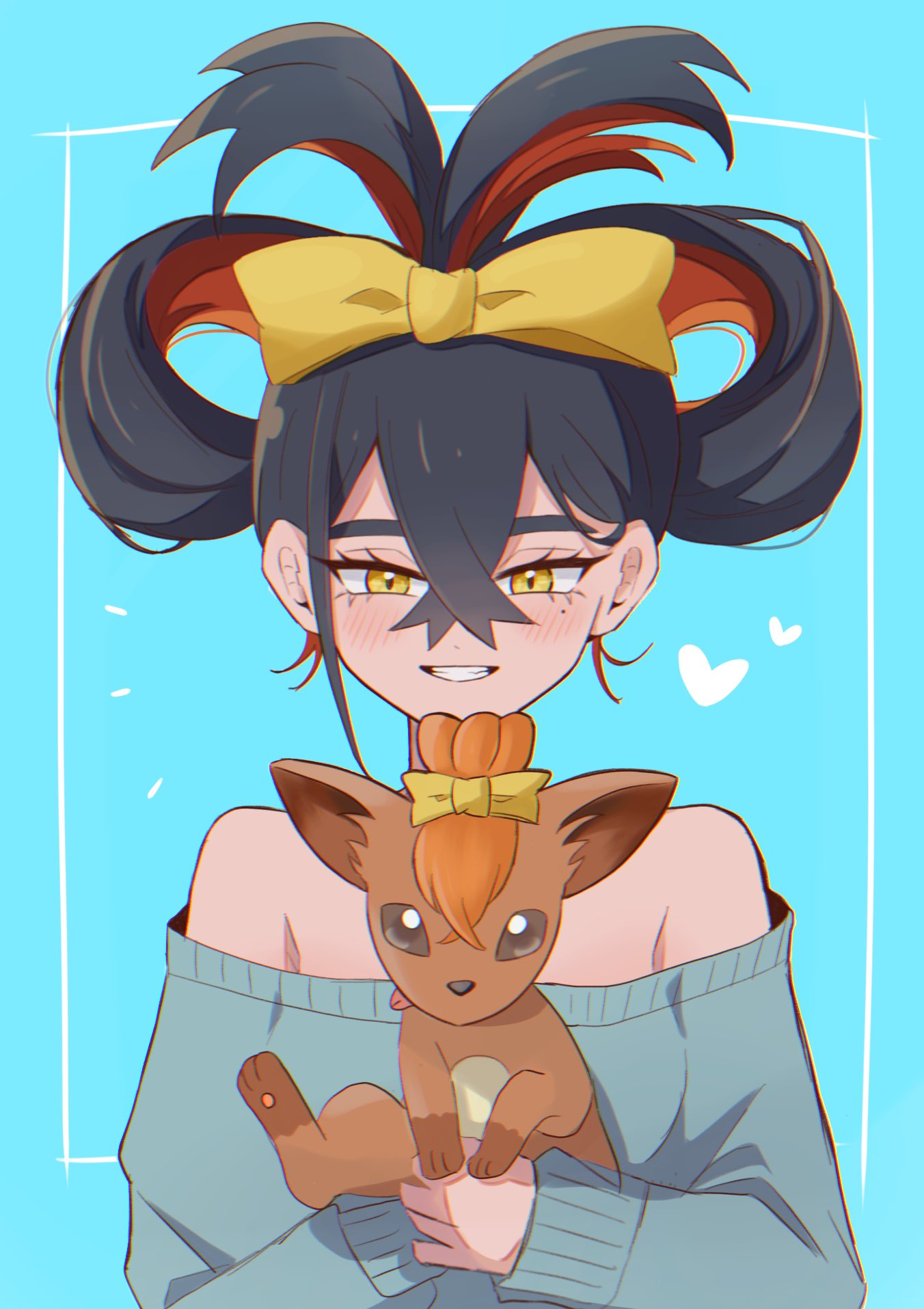 1girl, black_hair, blush, carmine_(pokemon), colored_inner_hair, crossed_bangs, eyelashes, hair_between_eyes, hasu_175, highres, jacket, long_hair, long_sleeves, mole, mole_under_eye, multicolored_hair, off-shoulder_sweater, off_shoulder, pokemon, pokemon_(creature), pokemon_sv, redhead, smile, sweater, two-tone_hair, vulpix, yellow_eyes