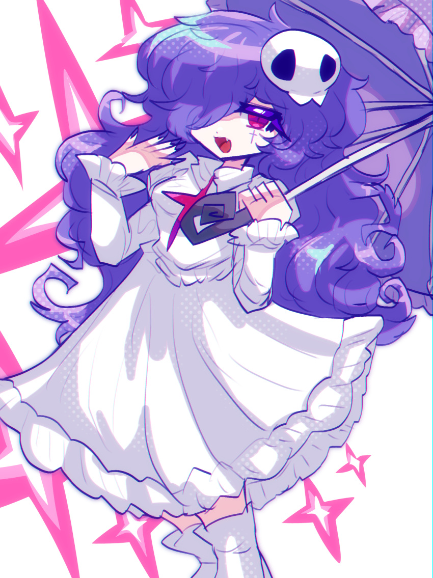 1girl, :d, dress, facial_mark, hair_ornament, hair_over_one_eye, hand_up, highres