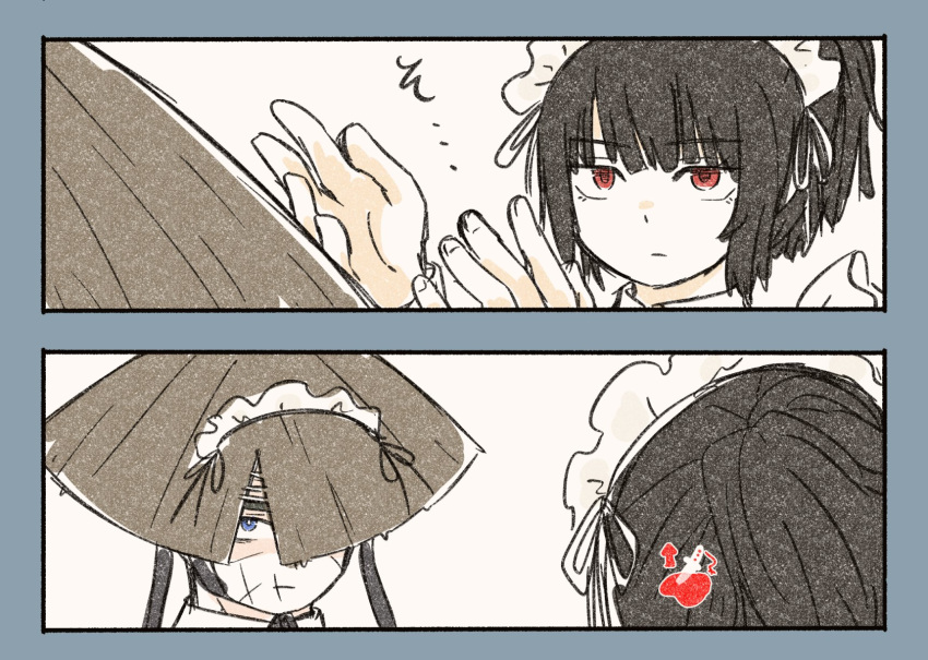 1boy, 1girl, black_hair, blue_eyes, collared_shirt, gameplay_mechanics, hat, highres