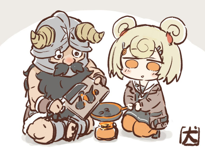 1boy, 1girl, akanotanin13, animal_ears, arknights, bear_ears, bear_girl, beard