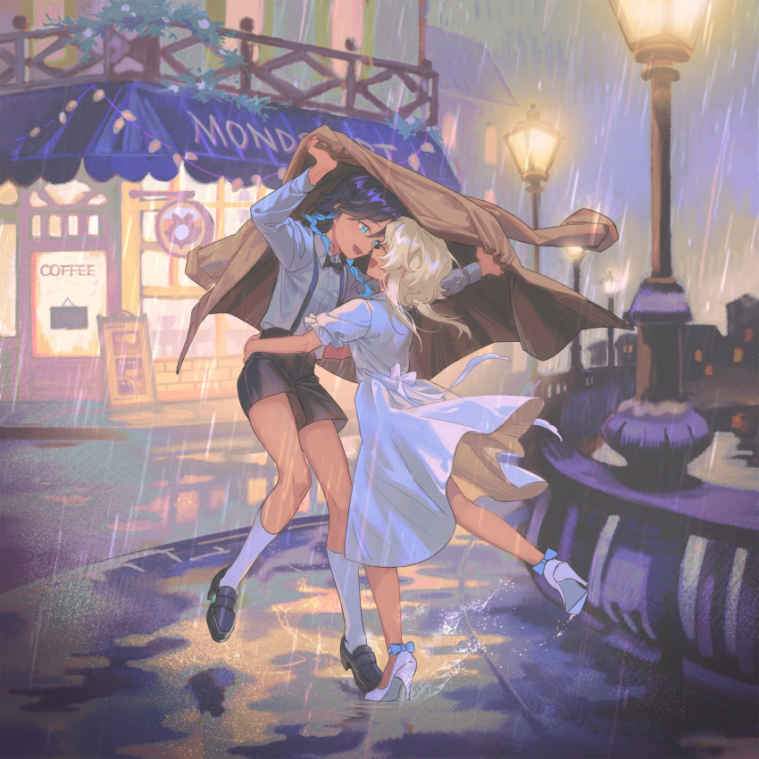 1boy, 1girl, absurdres, alternate_costume, black_bow, black_bowtie, blonde_hair, bow