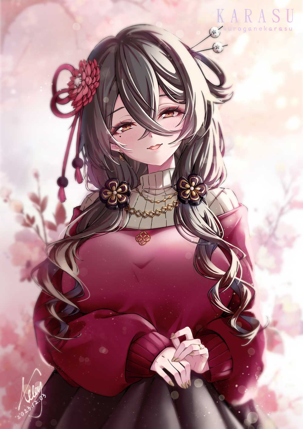 1girl, allenhalo, black_skirt, breasts, brown_eyes, brown_sweater, character_name, chinese_commentary, dated, eyeshadow, flower, hair_between_eyes, hair_flower, hair_ornament, head_tilt, highres, jewelry, kurogane_karasu, large_breasts, looking_at_viewer, makeup, necklace, nkshoujo, off_shoulder, open_mouth, plant, red_eyeshadow, red_flower, red_sweater, signature, skirt, smile, solo, sweater, virtual_youtuber
