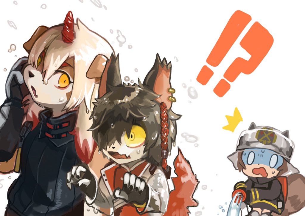 !?, 2boys, aak_(arknights), animal_ears, arknights, buchi0122, claws, colored_tips
