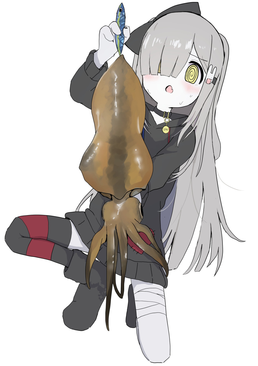 1girl, @_@, absurdres, bandaged_leg, bandages, blunt_bangs, cephalopod, choker