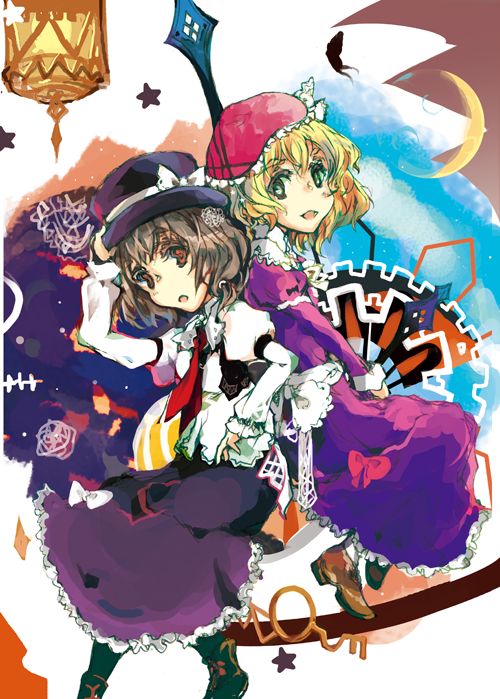 blonde_hair, brown_hair, crescent, dress, green_eyes, hafuri, hat, maribel_hearn