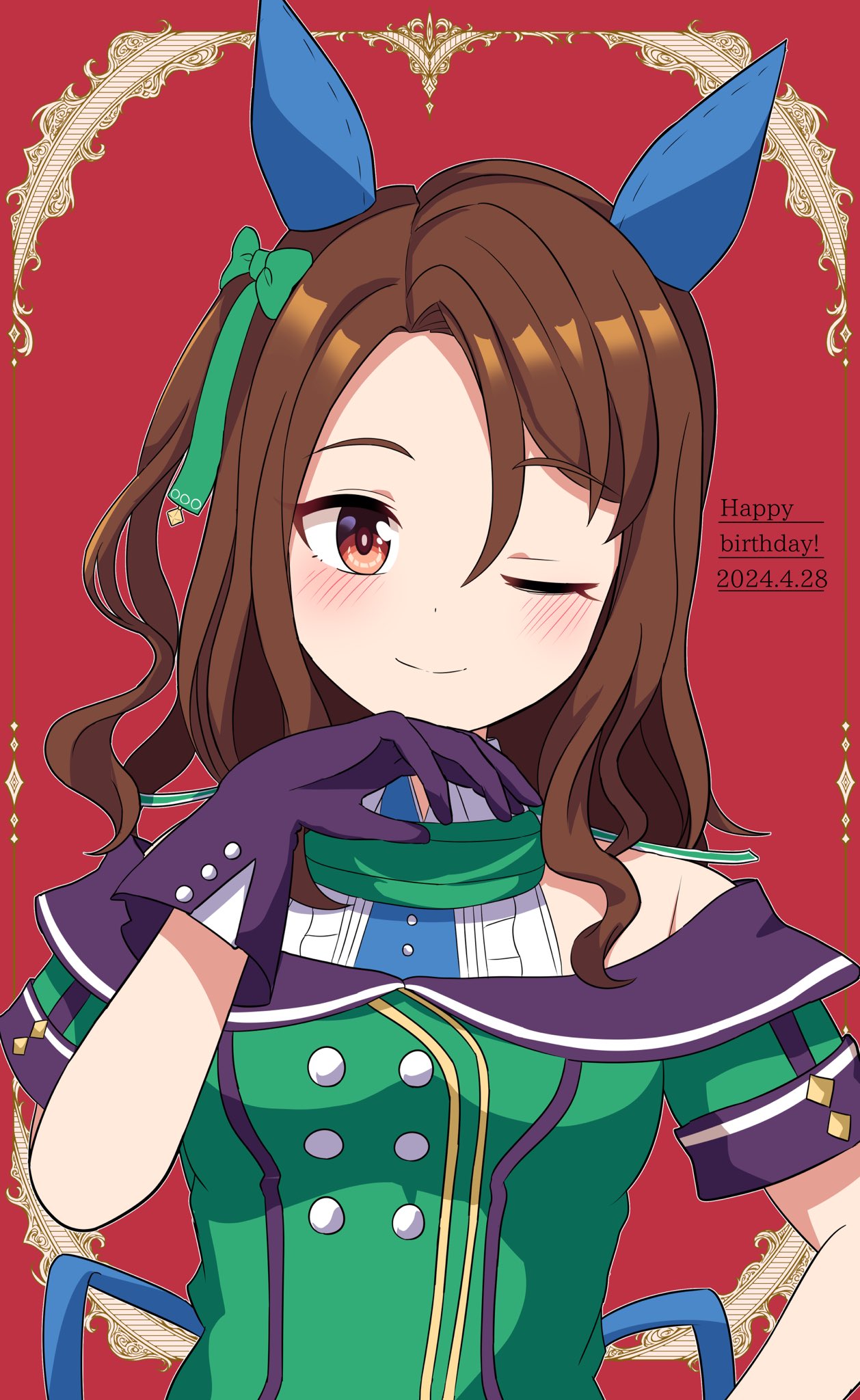 1girl, animal_ears, brown_hair, buttons, dated, ear_covers, hair_between_eyes, happy_birthday, highres, horse_ears, horse_girl, king_halo_(umamusume), miboshi_moroboshi, one_eye_closed, red_background, red_eyes, short_sleeves, smile, solo, umamusume, upper_body, wavy_hair