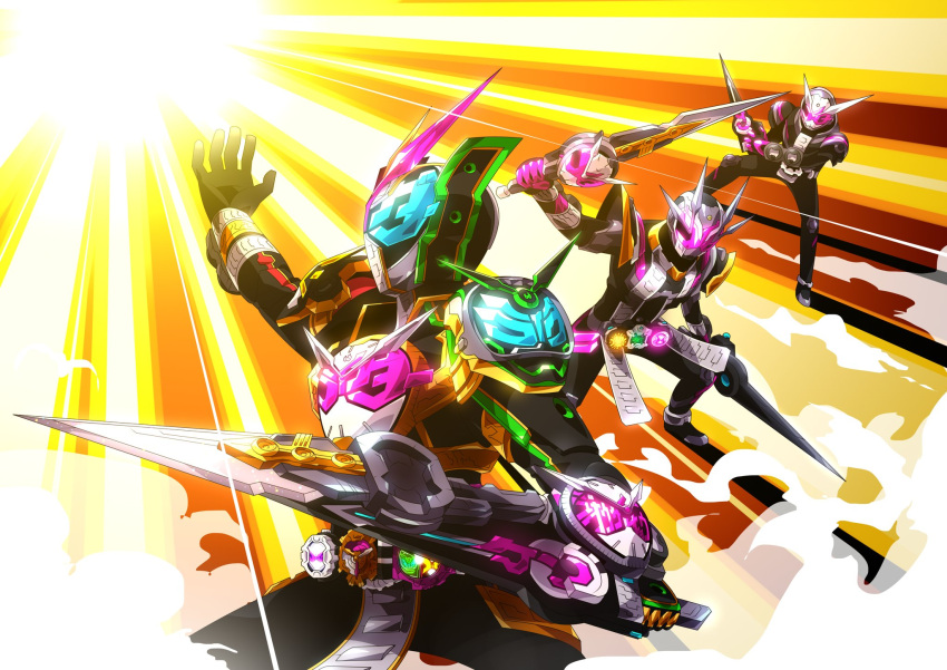 2018, 3boys, alternate_costume, armor, black_armor, black_bodysuit, blue_eyes, bodysuit