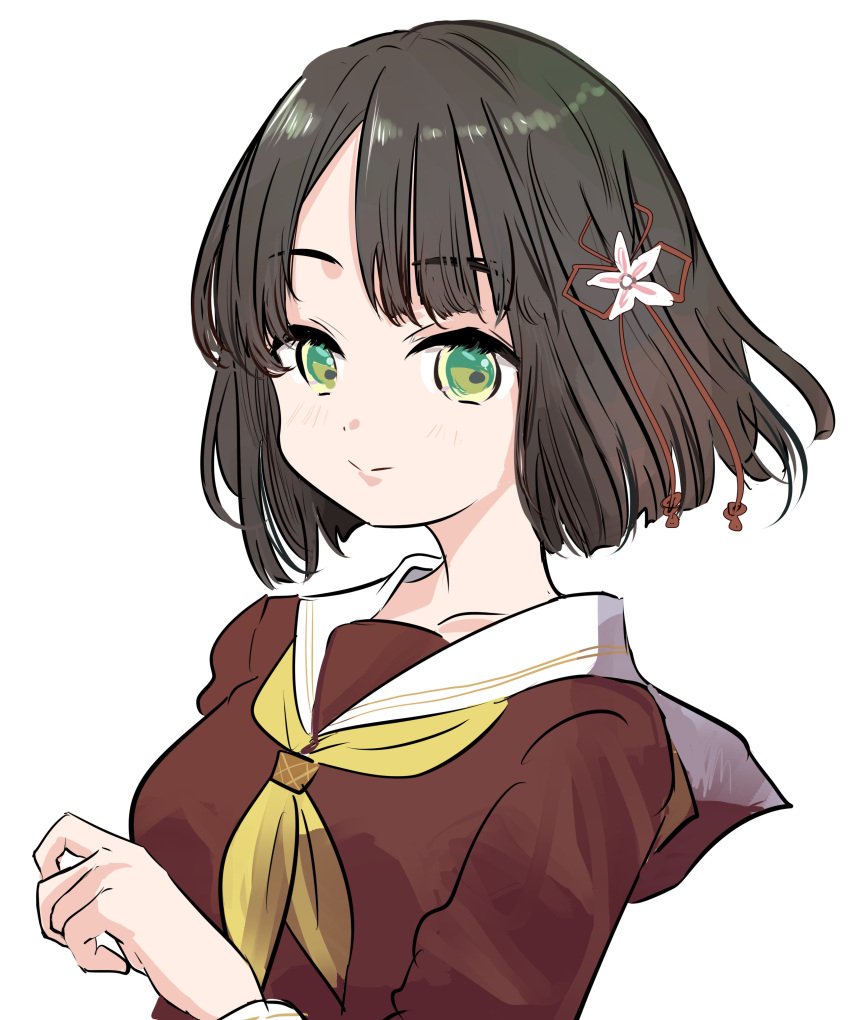 1girl, absurdres, black_hair, blunt_bangs, blunt_ends, brown_dress, closed_mouth, collarbone