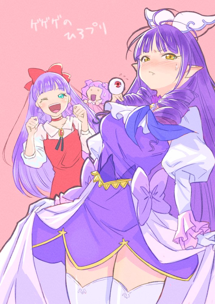 3girls, ;d, aqua_eyes, blue_neckerchief, blunt_bangs, blush, bolo_tie, bow