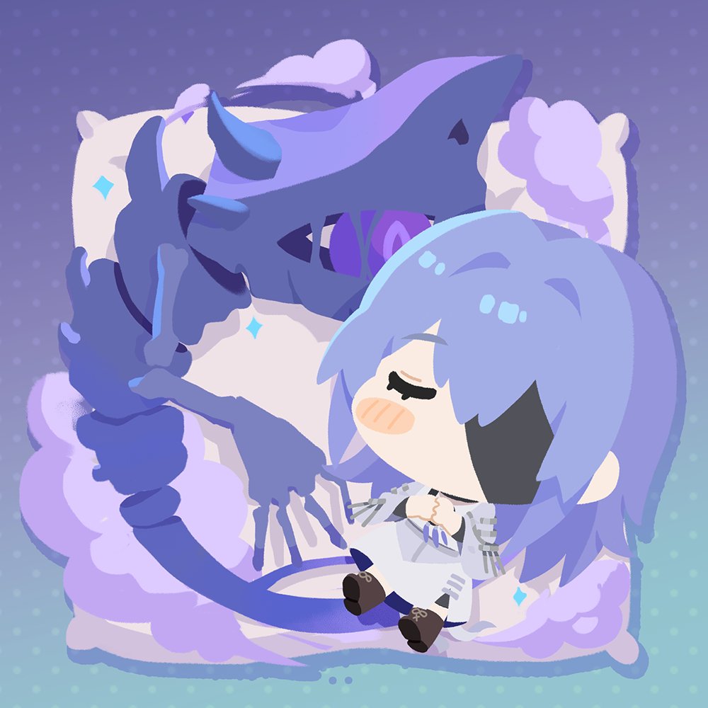 1girl, black_bandages, blue_background, blue_hair, blush, brown_footwear, chibi, closed_eyes, commentary, eyepatch, gradient_background, hecate_(path_to_nowhere), long_hair, monster, nightmare_(path_to_nowhere), no_lineart, one_eye_covered, path_to_nowhere, purple_background, sappazell, shirt, skirt, sleeping, solo, symbol-only_commentary, white_shirt, white_skirt