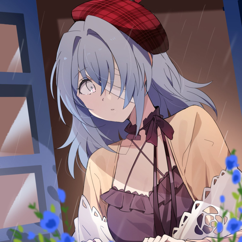 1girl, black_dress, blue_flower, blue_hair, blurry, blurry_foreground, brown_cardigan, cardigan