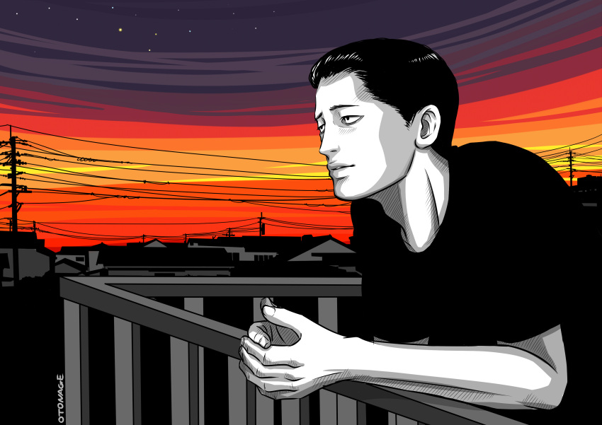 1boy, absurdres, against_railing, artist_name, black_eyes, black_hair, black_shirt, highres