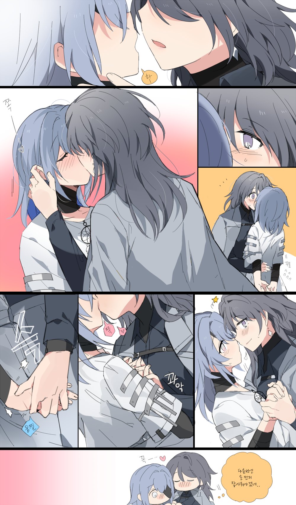 2girls, bandaged_neck, bandages, black_bandages, black_hair, black_shirt, blue_hair, blush