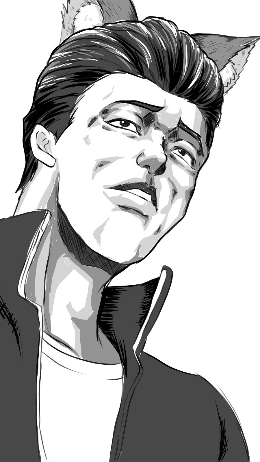 1boy, animal_ears, greyscale, hair_slicked_back, highres, itou_des, jacket, male_focus