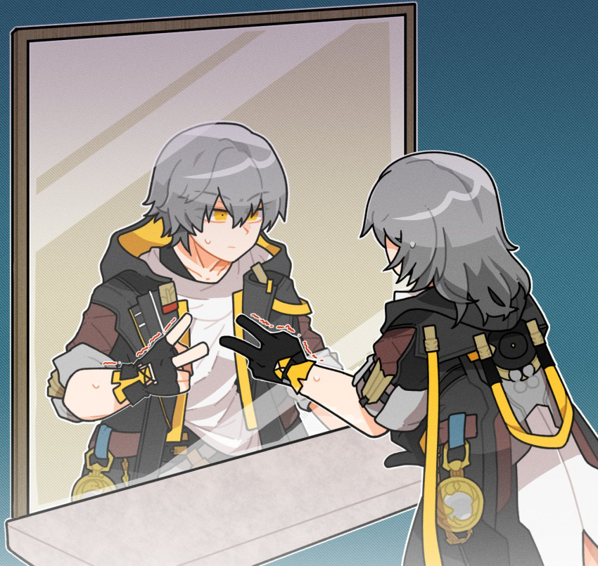 1boy, 1girl, back, black_gloves, black_jacket, caelus_(honkai:_star_rail), chain, closed_mouth