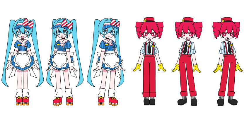 2girls, absurdres, apron, back_bow, black_footwear, black_necktie, blue_dress, blue_eyes
