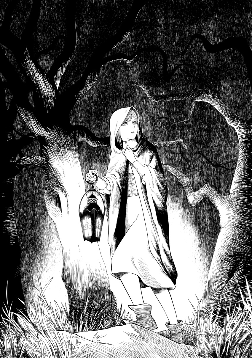 1girl, bare_tree, boots, cloak, commentary, grass, greyscale, highres, holding, holding_lantern, hood, hooded_cloak, lantern, long_hair, monochrome, nakahara_roku, night, original, outdoors, solo, tree, walking