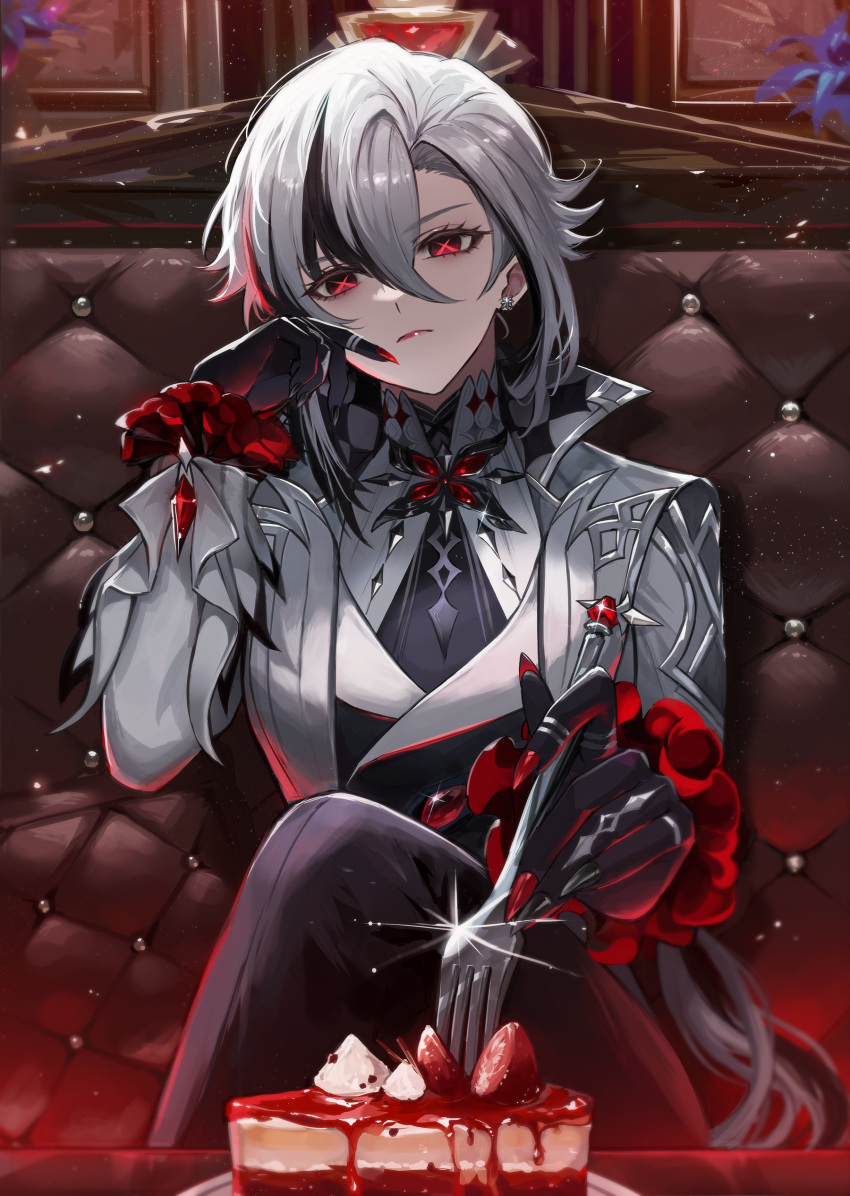 1girl, absurdres, arlecchino_(genshin_impact), black_eyes, black_hair, black_pants, black_shirt, breasts, cake, cake_slice, chair, closed_mouth, coat, crossed_legs, ear_piercing, food, fork, fractalmagnolia, genshin_impact, hair_between_eyes, highres, holding, holding_fork, long_hair, looking_at_viewer, medium_breasts, multicolored_hair, pants, piercing, planted_fork, red_nails, red_pupils, serious, shirt, solo, streaked_hair, symbol-shaped_pupils, very_long_hair, white_coat, white_hair, x-shaped_pupils