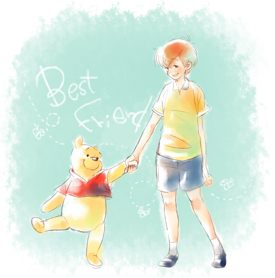 2boys, :d, bear, blue_shorts, brown_hair, bug, butterfly, christopher_robin