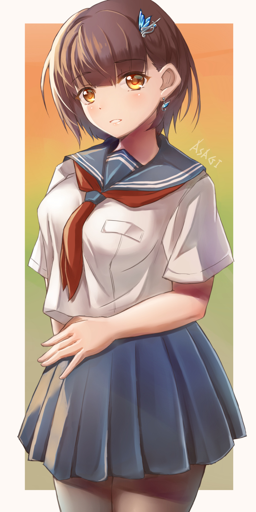 1girl, absurdres, artist_name, blue_sailor_collar, blue_skirt, blush, border, breast_pocket