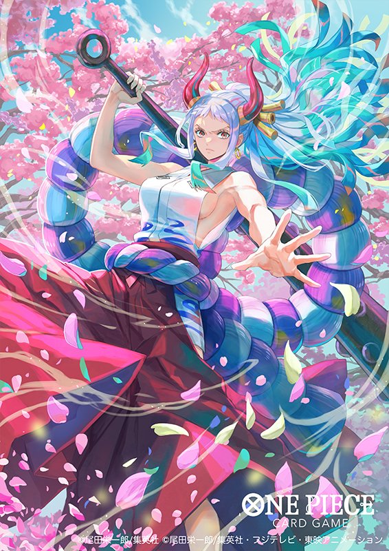 1girl, bisaiiiii, blunt_ends, breasts, cherry_blossoms, club_(weapon), commentary_request, copyright_name, cowboy_shot, earrings, falling_petals, hair_ornament, hakama, holding, holding_weapon, horns, japanese_clothes, jewelry, kanabou, kimono, looking_at_viewer, multicolored_hair, official_art, one_piece, one_piece_card_game, orange_eyes, outstretched_arm, petals, ponytail, red_hakama, rope, shimenawa, sideboob, sleeveless, sleeveless_kimono, solo, v-shaped_eyebrows, weapon, white_hair, white_kimono, wind, yamato_(one_piece)