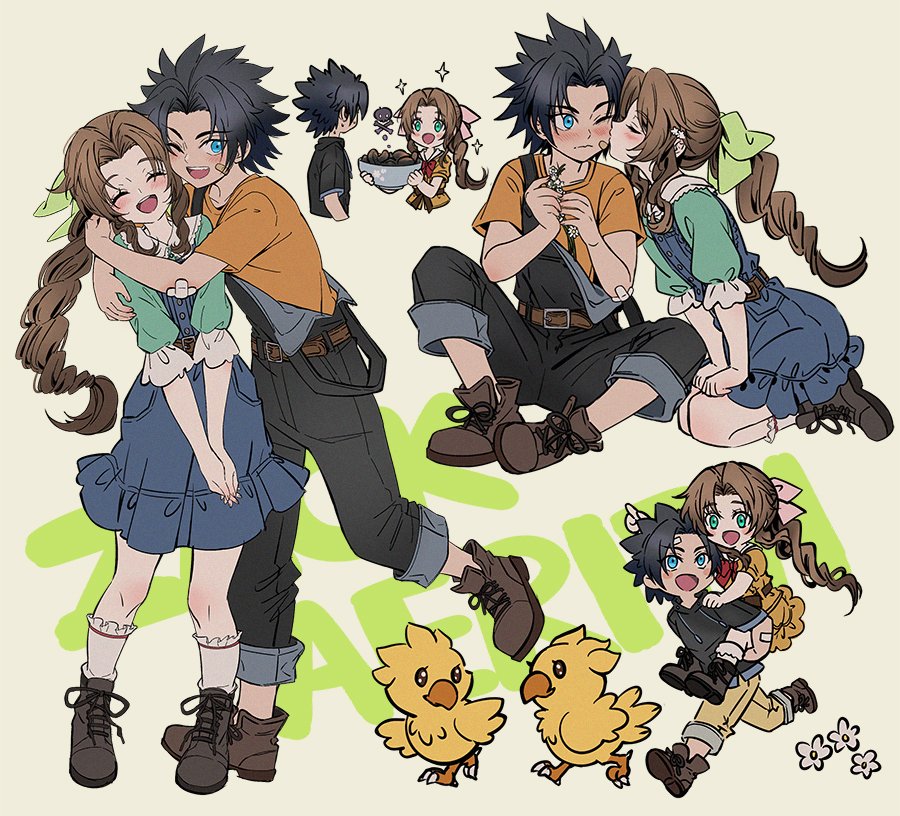 1boy, 1girl, aerith_gainsborough, aged_down, aqua_shirt, bandaid, bandaid_on_arm, bandaid_on_cheek